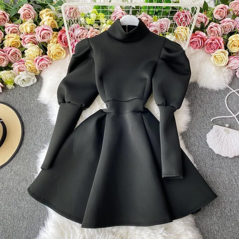 Puff Sleeve Turtleneck Dress Autumn Winter Long Sleeve Dresses Women Party Christmas Slim A-Line Elegant New Year Woman