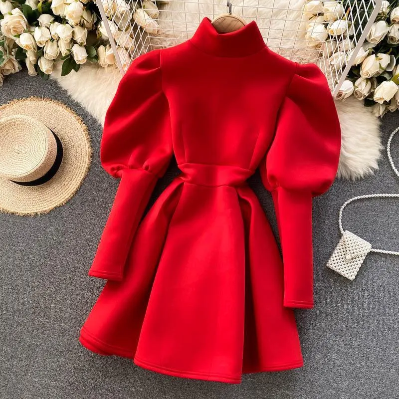 Puff Sleeve Turtleneck Dress Autumn Winter Long Sleeve Dresses Women Party Christmas Slim A-Line Elegant New Year Woman