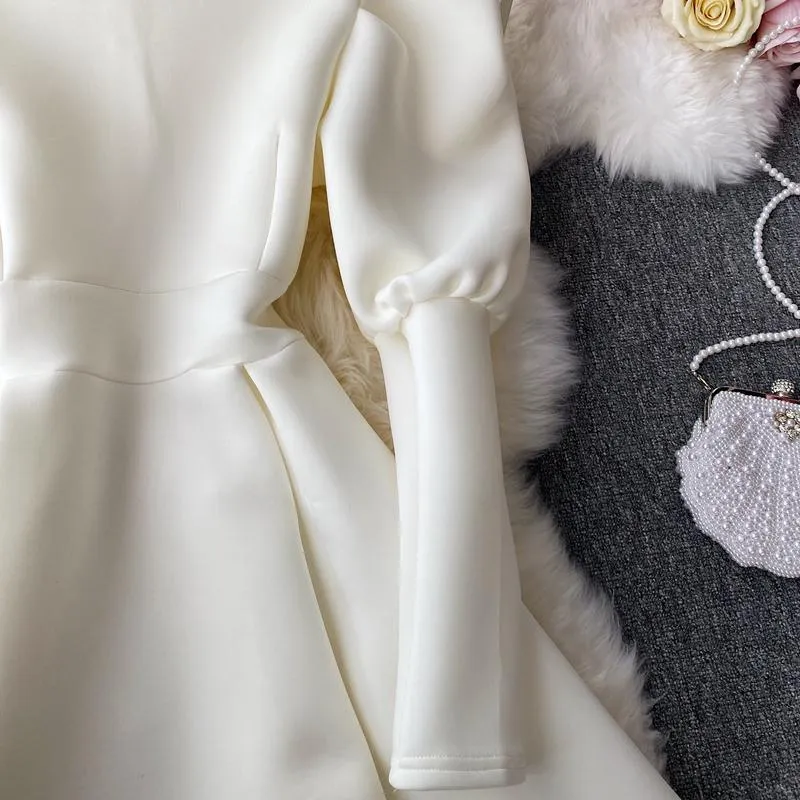 Puff Sleeve Turtleneck Dress Autumn Winter Long Sleeve Dresses Women Party Christmas Slim A-Line Elegant New Year Woman
