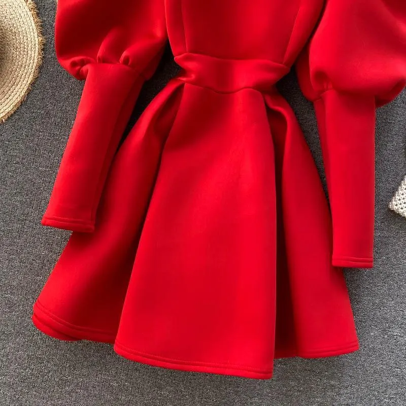 Puff Sleeve Turtleneck Dress Autumn Winter Long Sleeve Dresses Women Party Christmas Slim A-Line Elegant New Year Woman