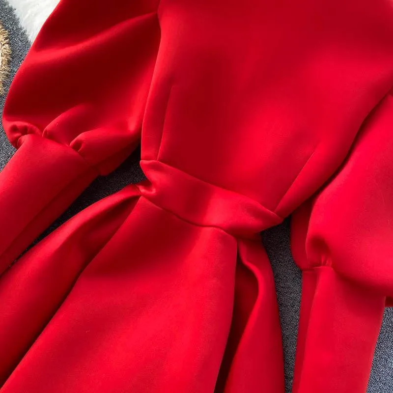 Puff Sleeve Turtleneck Dress Autumn Winter Long Sleeve Dresses Women Party Christmas Slim A-Line Elegant New Year Woman
