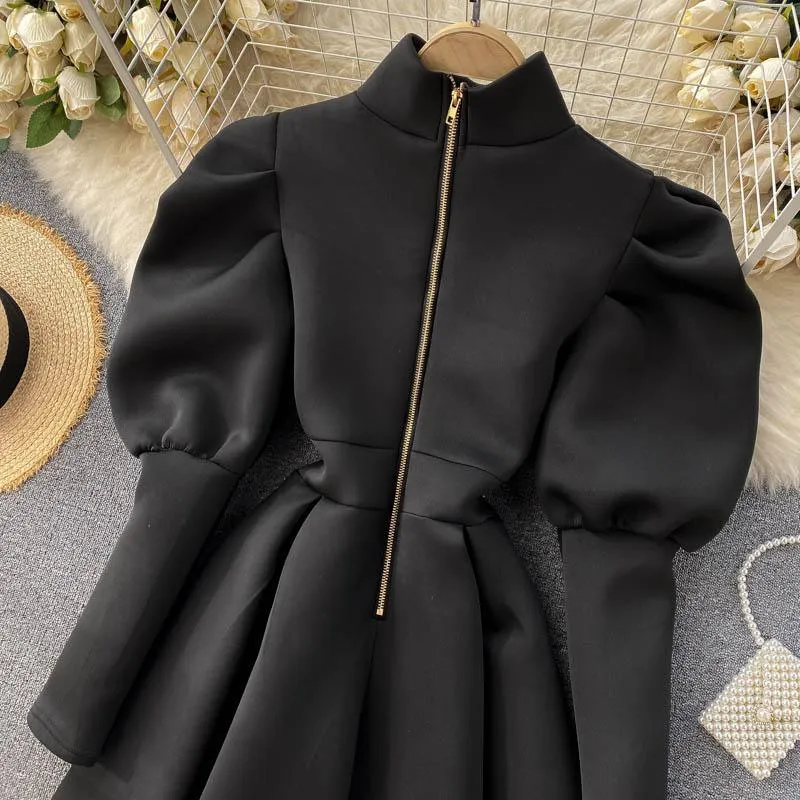 Puff Sleeve Turtleneck Dress Autumn Winter Long Sleeve Dresses Women Party Christmas Slim A-Line Elegant New Year Woman