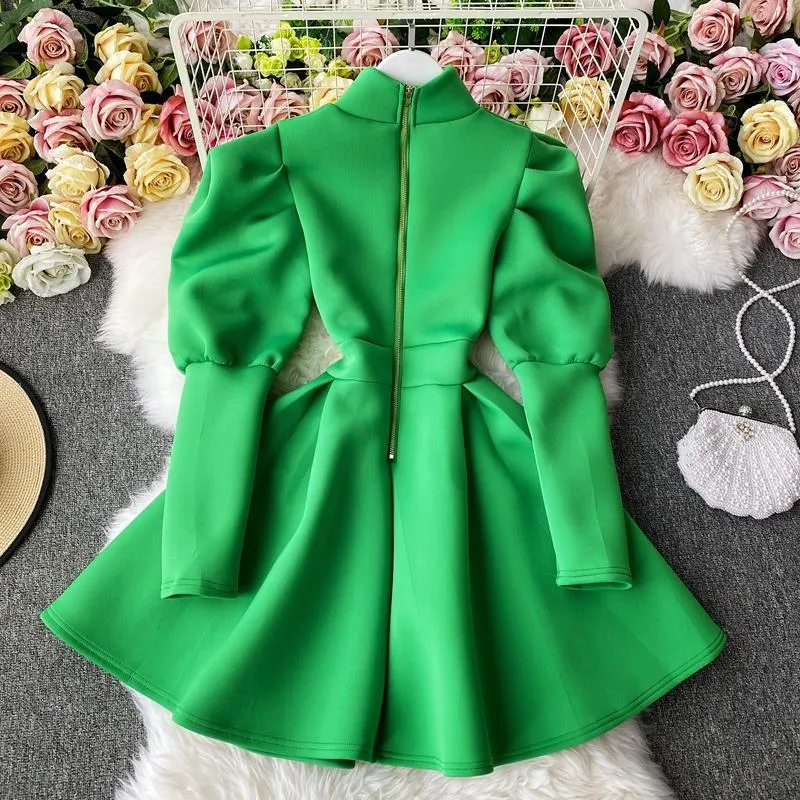 Puff Sleeve Turtleneck Dress Autumn Winter Long Sleeve Dresses Women Party Christmas Slim A-Line Elegant New Year Woman