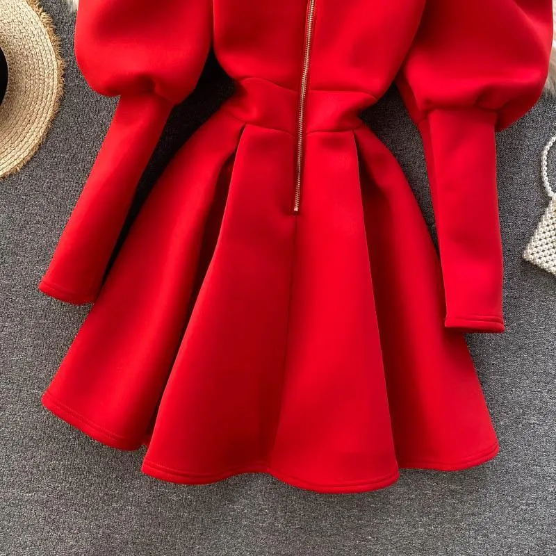 Puff Sleeve Turtleneck Dress Autumn Winter Long Sleeve Dresses Women Party Christmas Slim A-Line Elegant New Year Woman