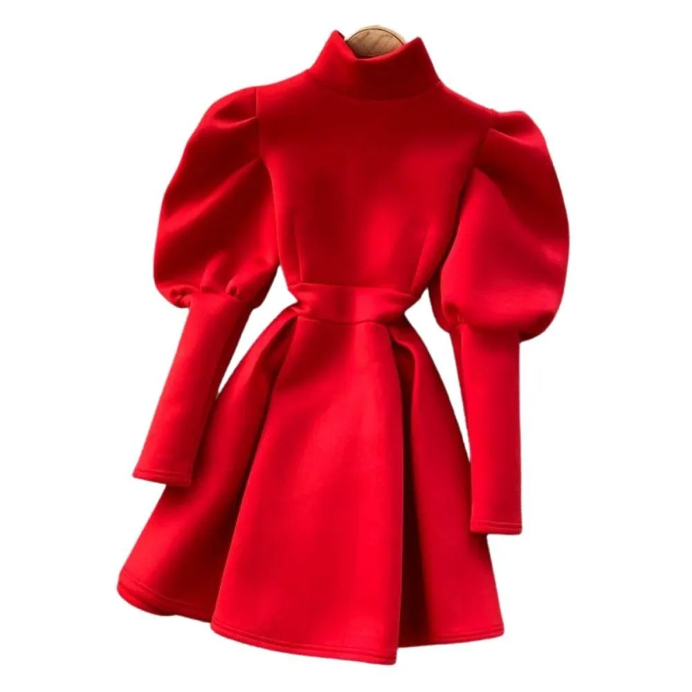 Puff Sleeve Turtleneck Dress Autumn Winter Long Sleeve Dresses Women Party Christmas Slim A-Line Elegant New Year Woman