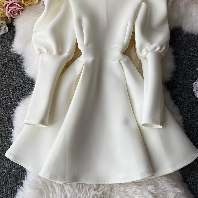 Puff Sleeve Turtleneck Dress Autumn Winter Long Sleeve Dresses Women Party Christmas Slim A-Line Elegant New Year Woman