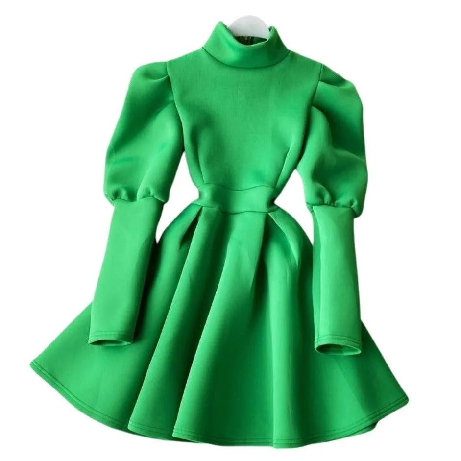 Puff Sleeve Turtleneck Dress Autumn Winter Long Sleeve Dresses Women Party Christmas Slim A-Line Elegant New Year Woman