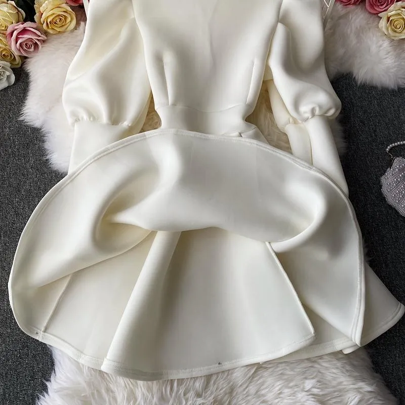 Puff Sleeve Turtleneck Dress Autumn Winter Long Sleeve Dresses Women Party Christmas Slim A-Line Elegant New Year Woman