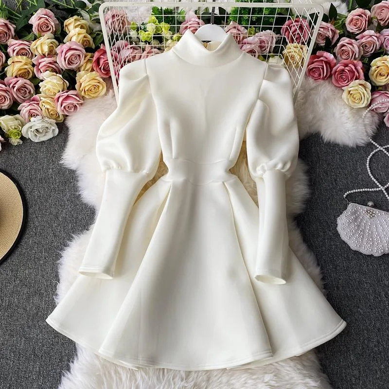 Puff Sleeve Turtleneck Dress Autumn Winter Long Sleeve Dresses Women Party Christmas Slim A-Line Elegant New Year Woman