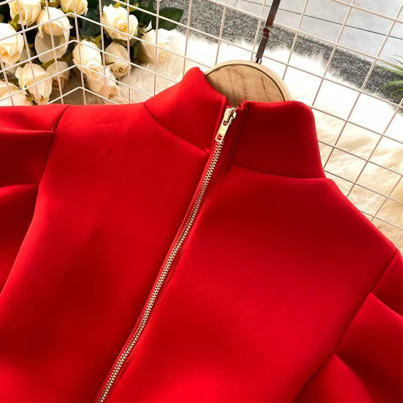Puff Sleeve Turtleneck Dress Autumn Winter Long Sleeve Dresses Women Party Christmas Slim A-Line Elegant New Year Woman