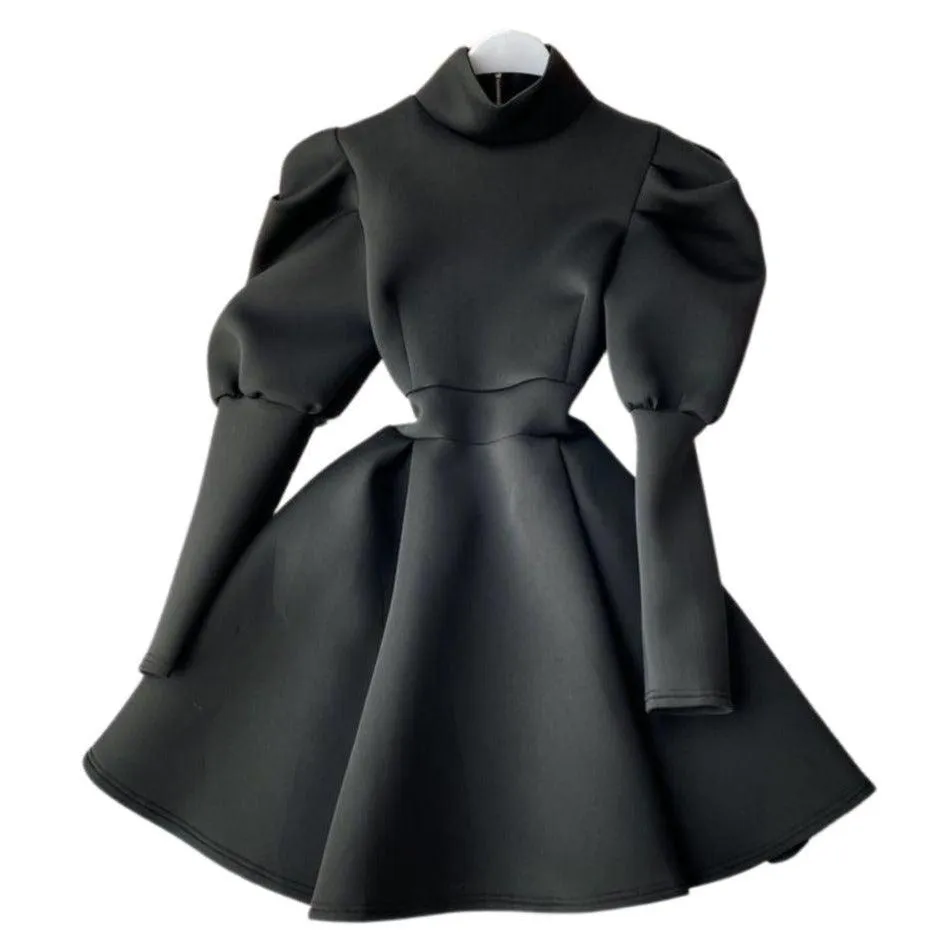 Puff Sleeve Turtleneck Dress Autumn Winter Long Sleeve Dresses Women Party Christmas Slim A-Line Elegant New Year Woman