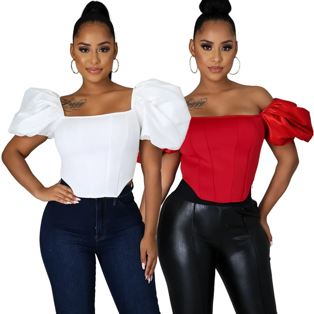 Purpdrank - Tops Women's Clothing Nightclub New Fashion Polyester Square Collar Solid Color Satin All Matching Puff Sleeve Small Shirt