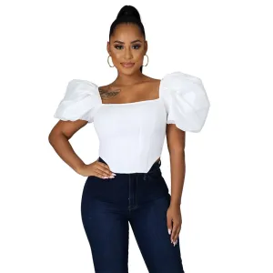 Purpdrank - Tops Women's Clothing Nightclub New Fashion Polyester Square Collar Solid Color Satin All Matching Puff Sleeve Small Shirt