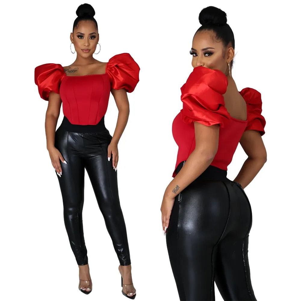 Purpdrank - Tops Women's Clothing Nightclub New Fashion Polyester Square Collar Solid Color Satin All Matching Puff Sleeve Small Shirt