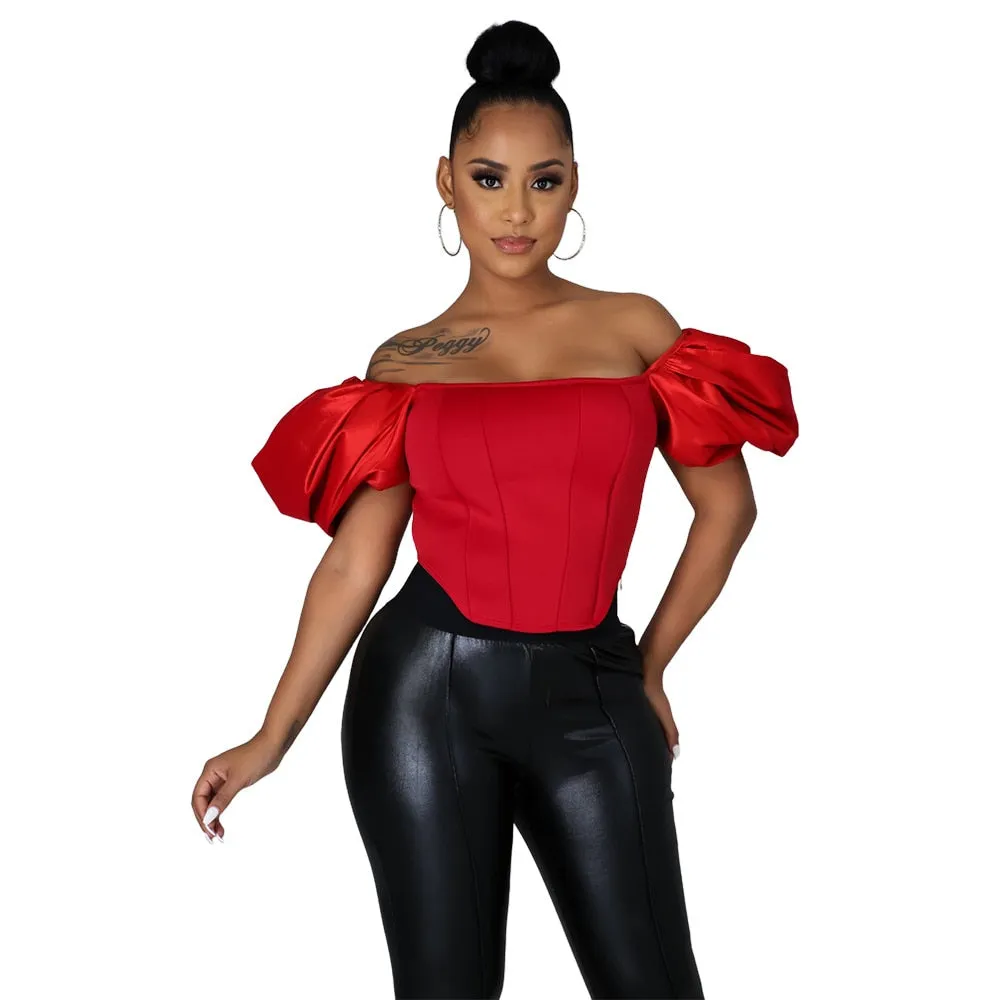 Purpdrank - Tops Women's Clothing Nightclub New Fashion Polyester Square Collar Solid Color Satin All Matching Puff Sleeve Small Shirt