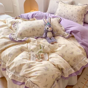 Purple Floral Floral Ruffle Bed Skirt Set