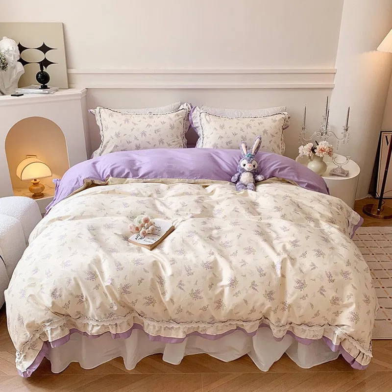 Purple Floral Floral Ruffle Bed Skirt Set