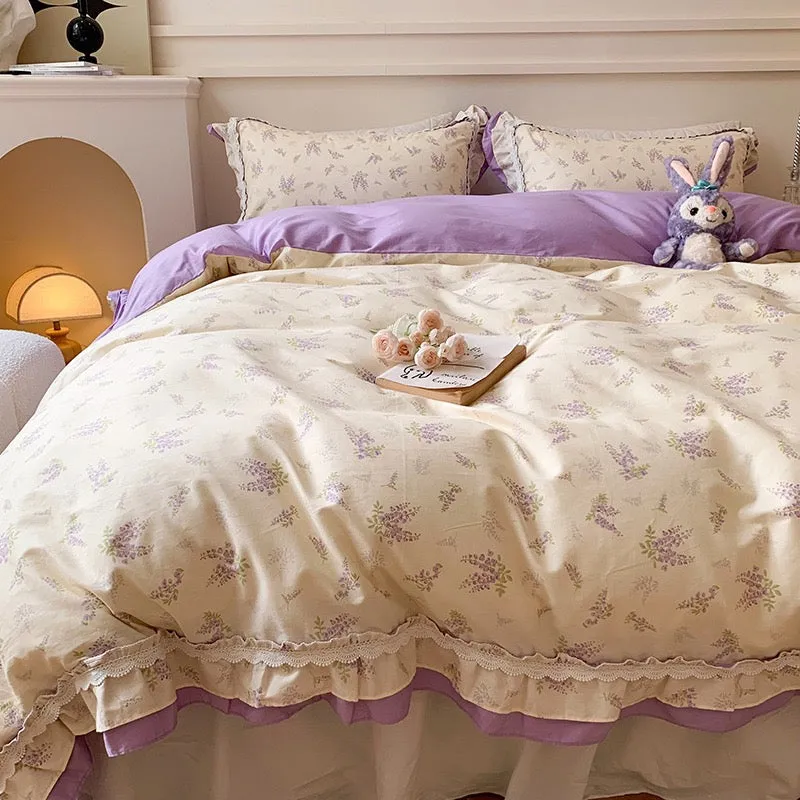 Purple Floral Floral Ruffle Bed Skirt Set