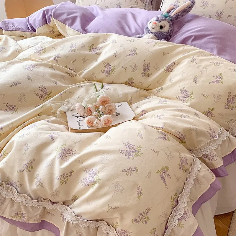 Purple Floral Floral Ruffle Bed Skirt Set