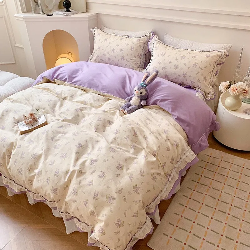 Purple Floral Floral Ruffle Bed Skirt Set