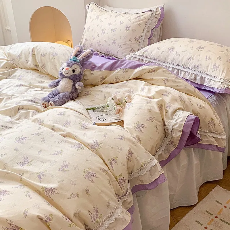 Purple Floral Floral Ruffle Bed Skirt Set
