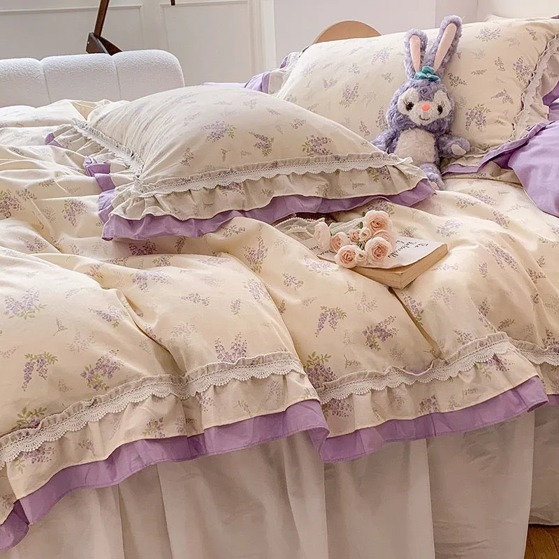 Purple Floral Floral Ruffle Bed Skirt Set