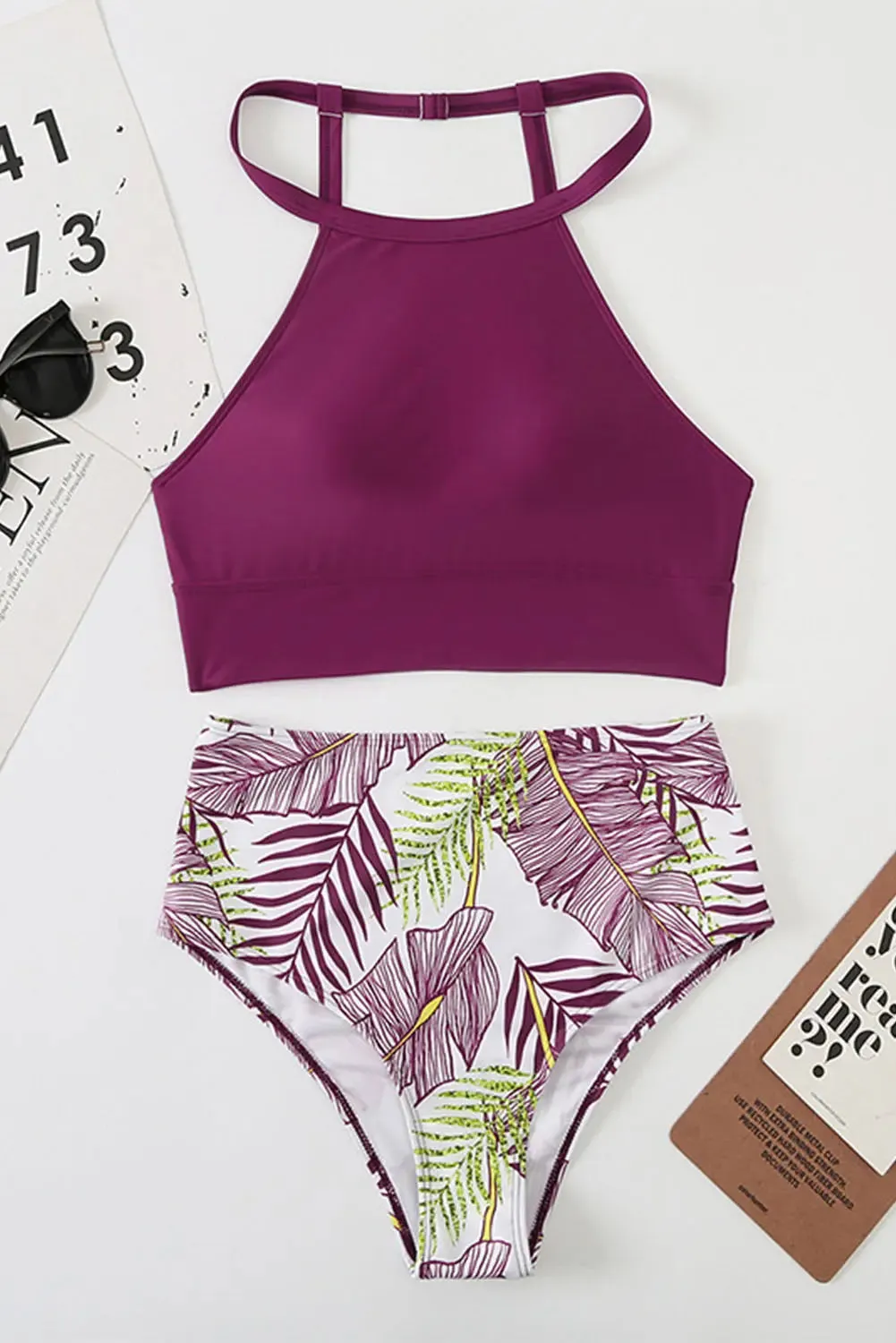 Purple Halter Floral High Waisted Bikini