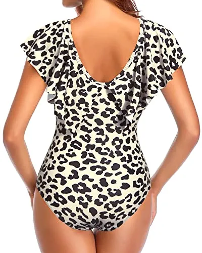 Push Up Flounce Sleeve V Neck One Piece Swimsuit-Leopard