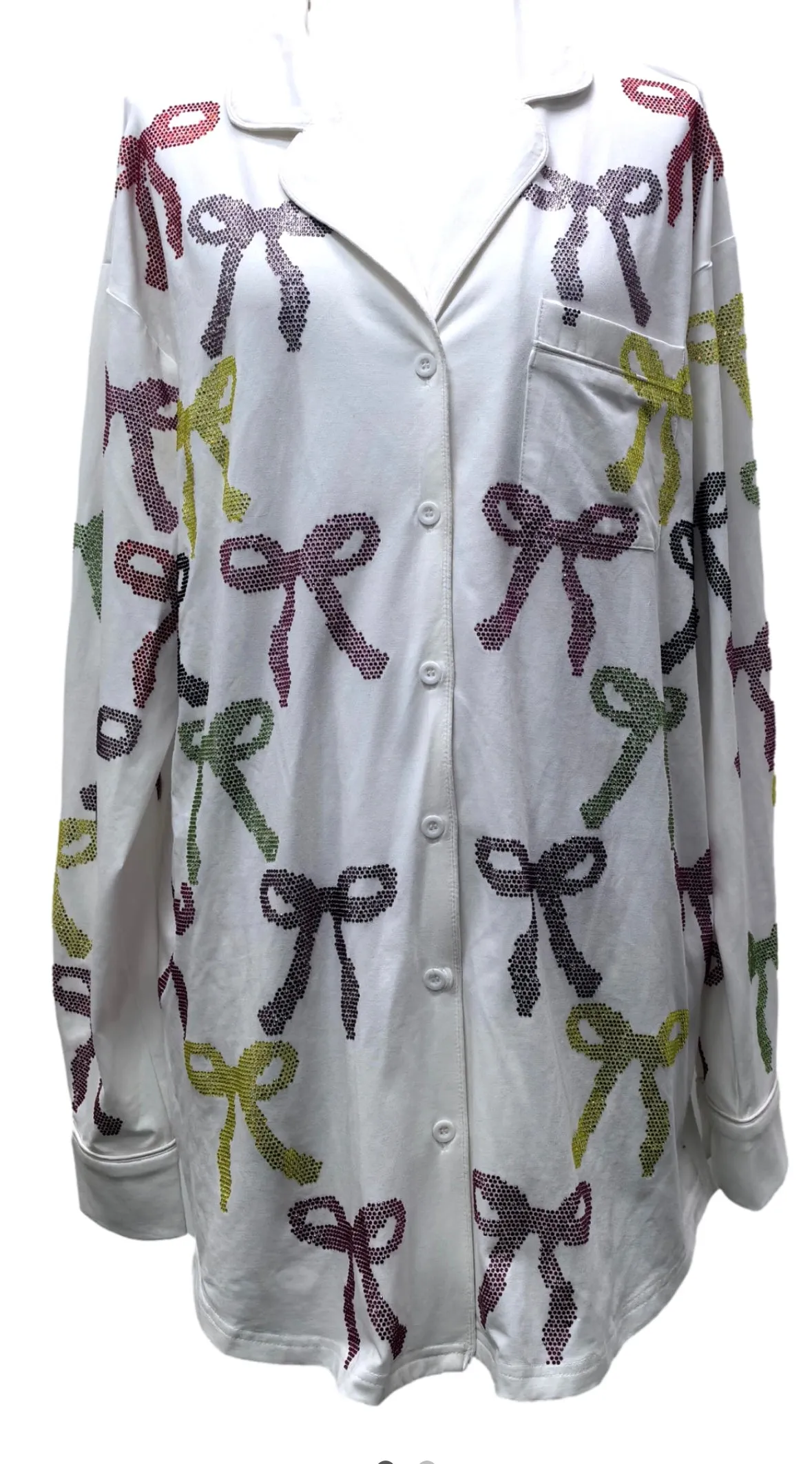 Queen of Sparkles White Multi Rhinestone Rainbow Bow Pajama Top Dress