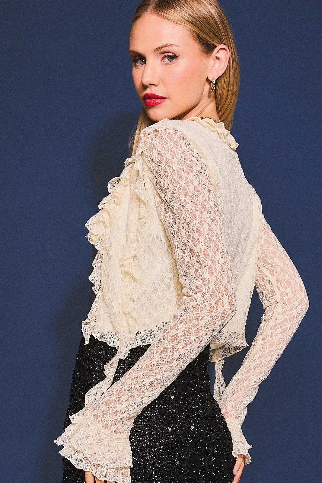 "Manhattan Nights" Ivory Cropped Ruffe Detailed Lace Top