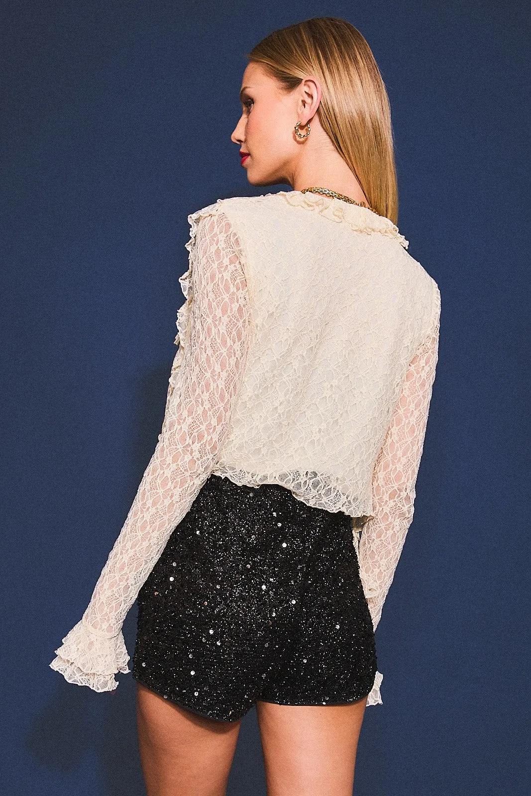 "Manhattan Nights" Ivory Cropped Ruffe Detailed Lace Top