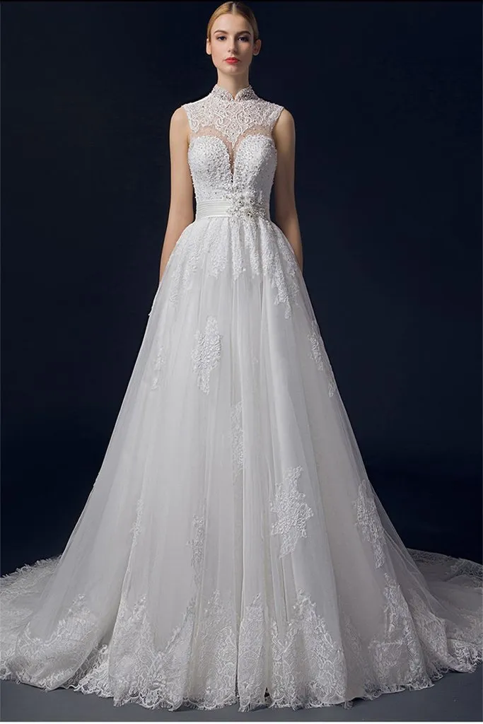 Real Beautiful Handmade Long Lace Beading Wedding Dresses PFW0291