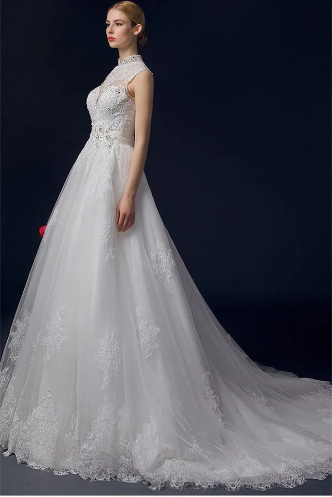 Real Beautiful Handmade Long Lace Beading Wedding Dresses PFW0291