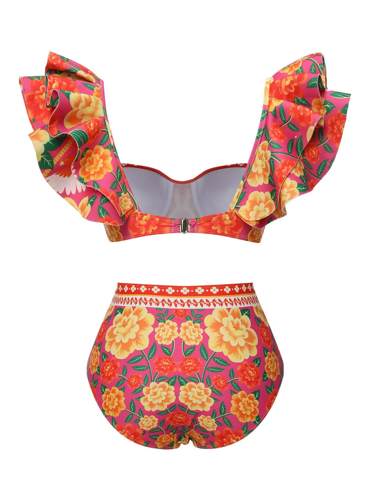Red 1960s Ruffles Sleeves Flowers Swimsuit