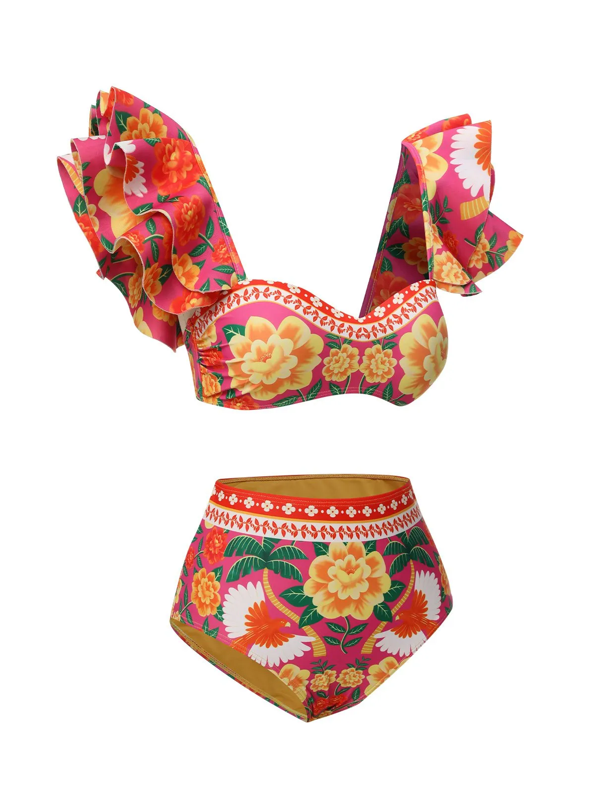 Red 1960s Ruffles Sleeves Flowers Swimsuit
