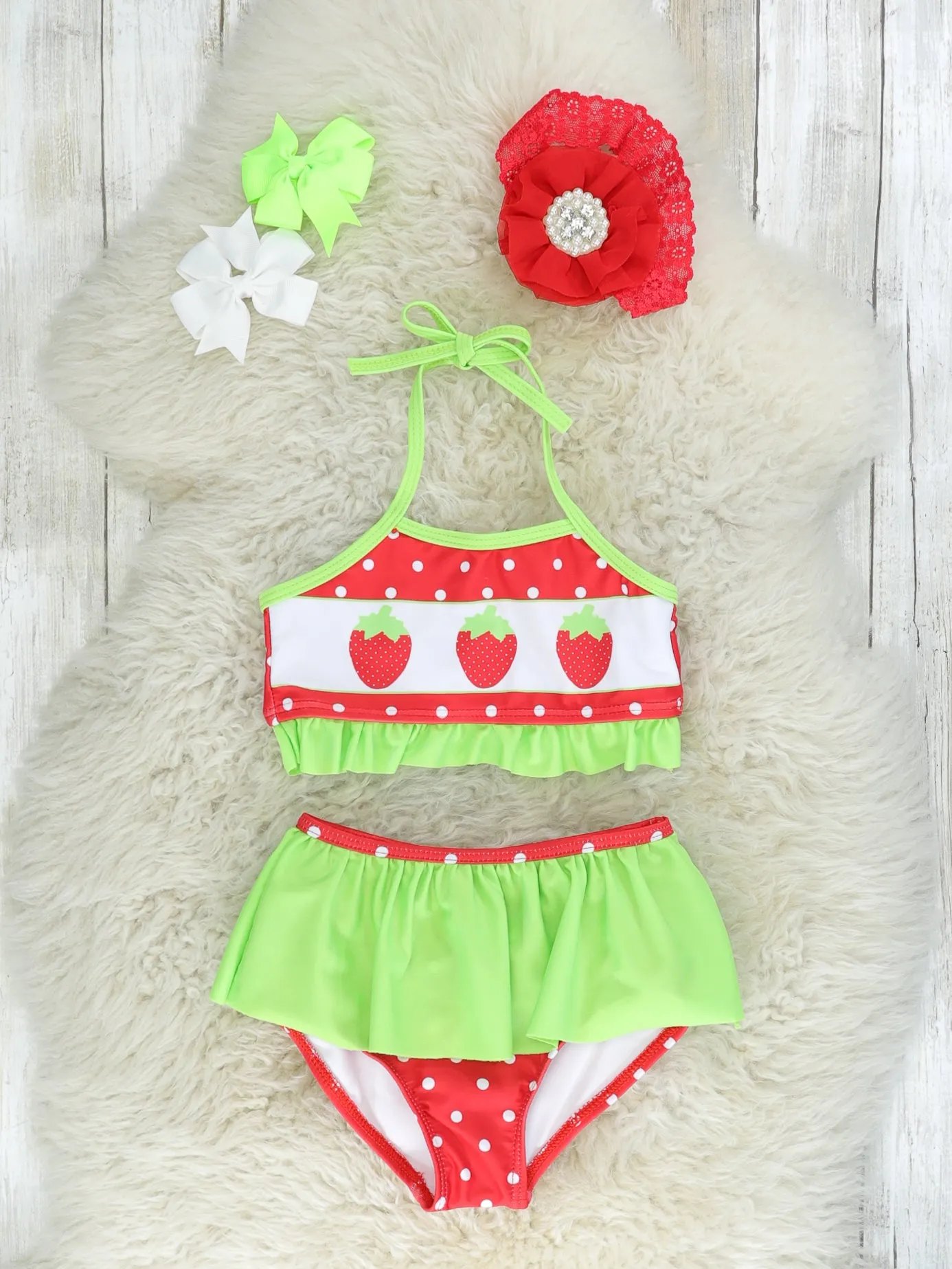 Red & Lime Green Strawberry 2-Piece Swimsuit
