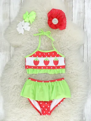 Red & Lime Green Strawberry 2-Piece Swimsuit