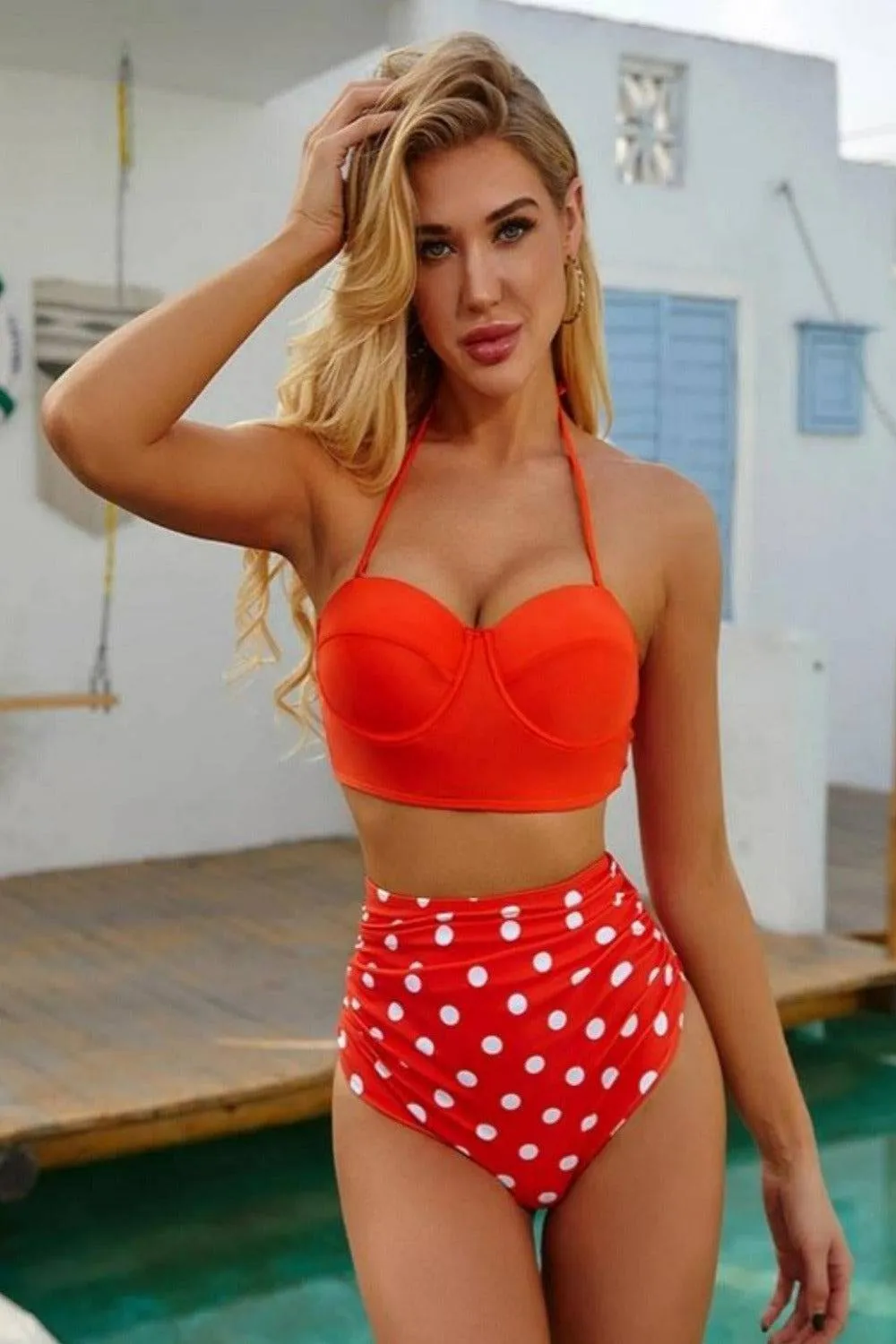 Red Bikini Bustier Halter Bra High Waisted Two-Piece Swimsuit