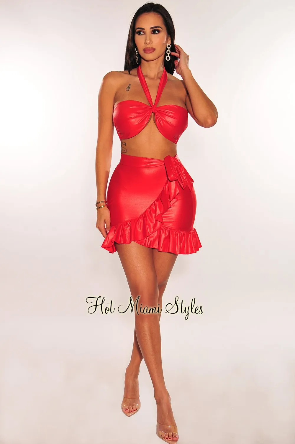 Red Faux Leather Halter Ruffle Tie Up Skirt Two Piece Set