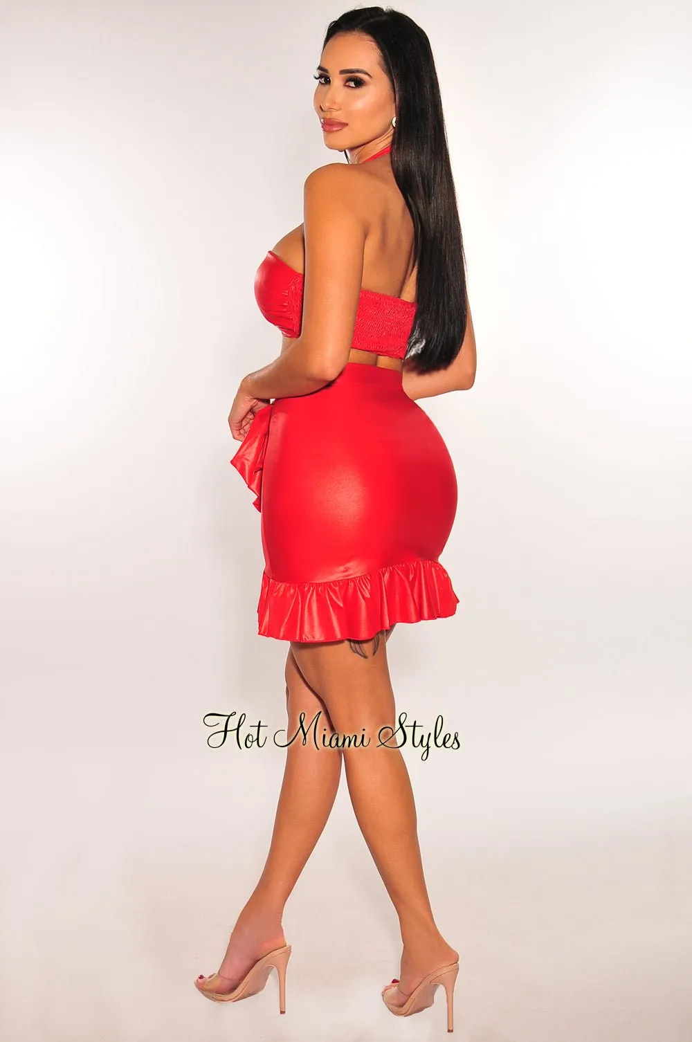 Red Faux Leather Halter Ruffle Tie Up Skirt Two Piece Set
