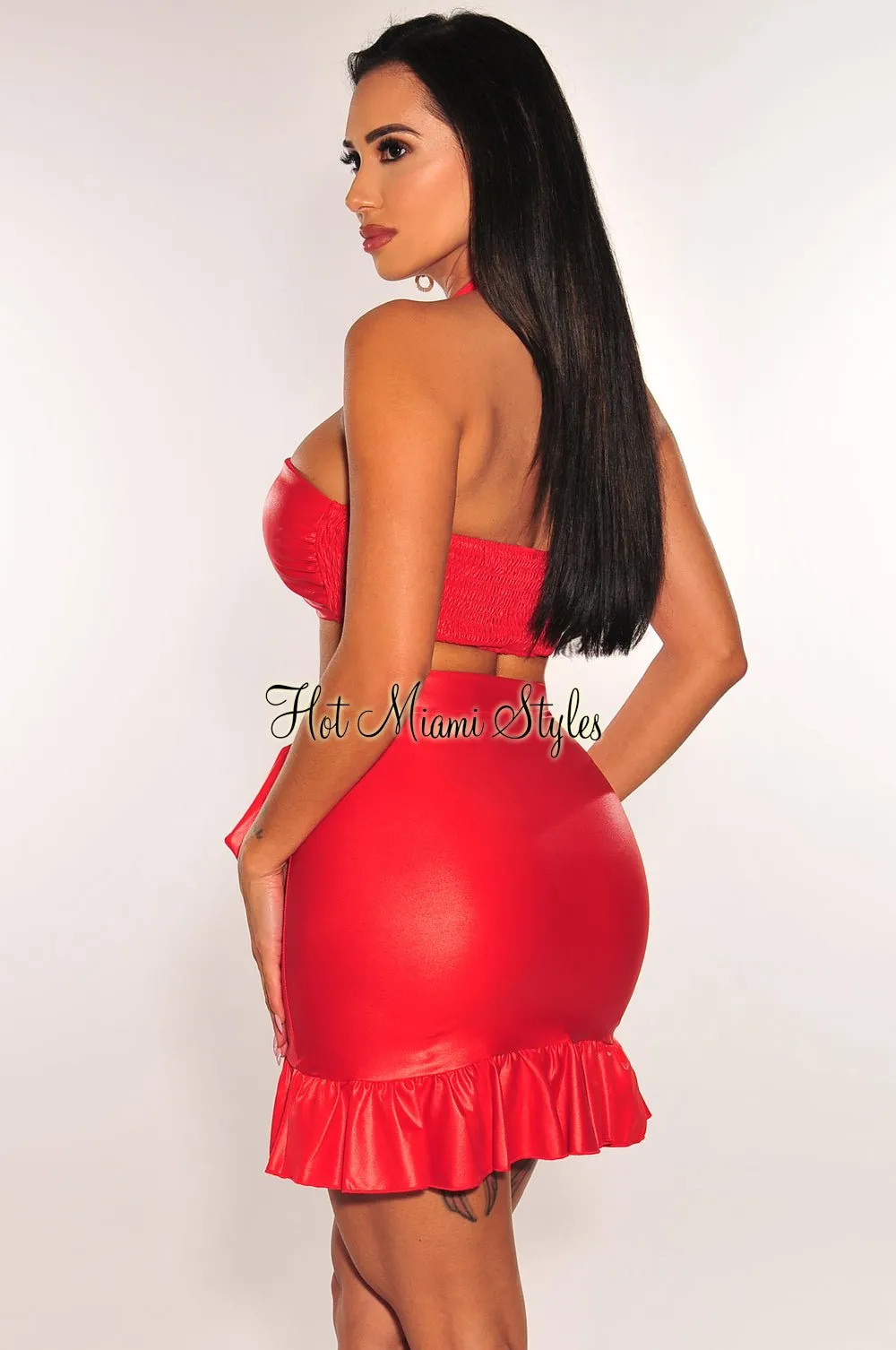 Red Faux Leather Halter Ruffle Tie Up Skirt Two Piece Set