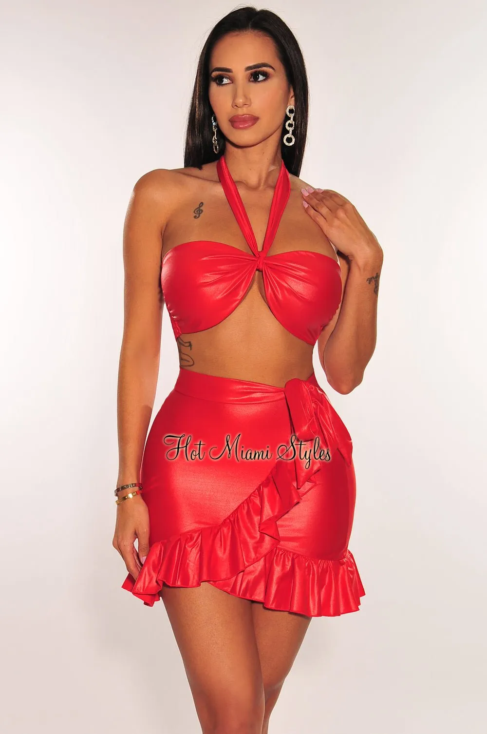Red Faux Leather Halter Ruffle Tie Up Skirt Two Piece Set