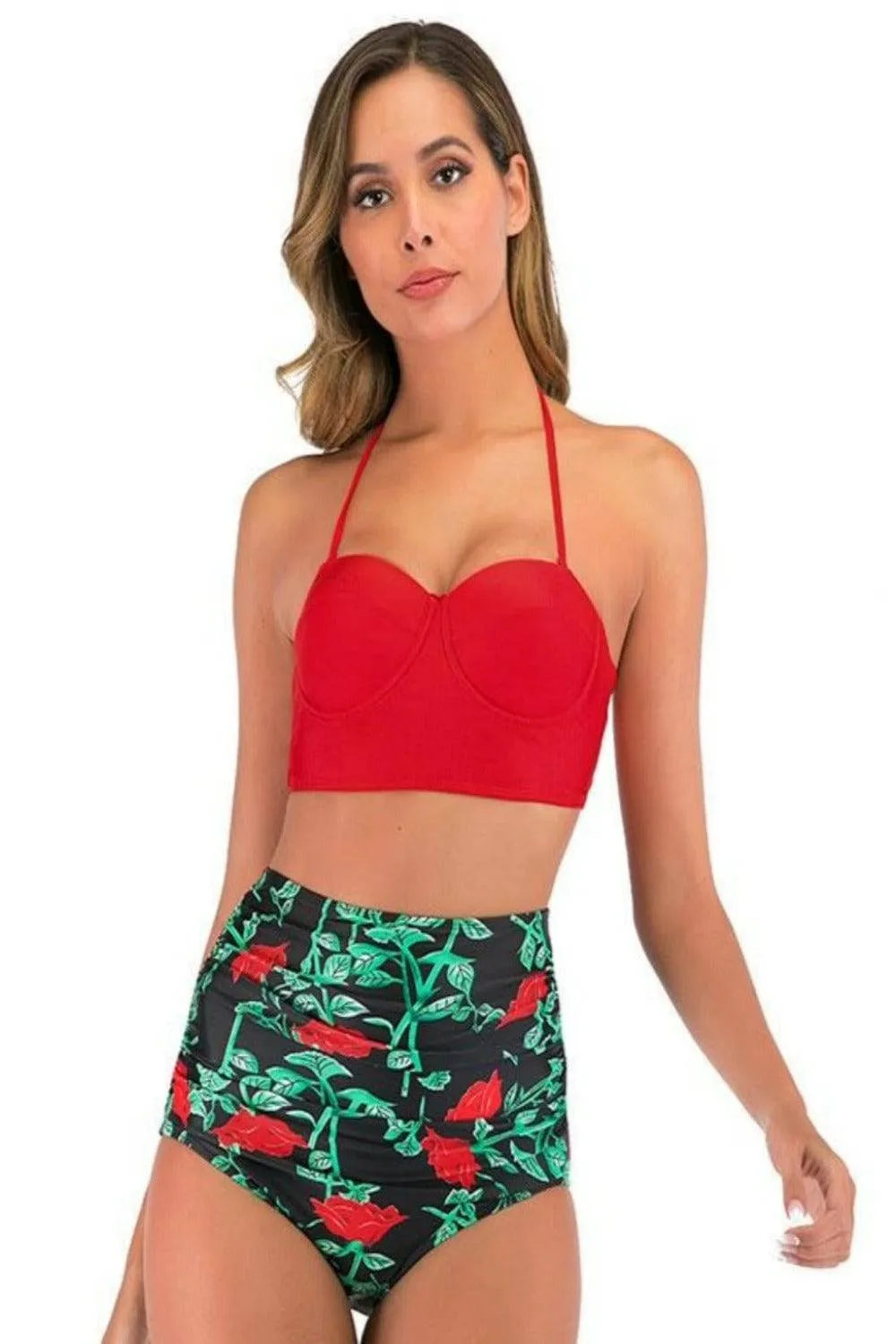 Red Floral Bikini High Waisted Bustier Bra Two-Piece Swimsuit