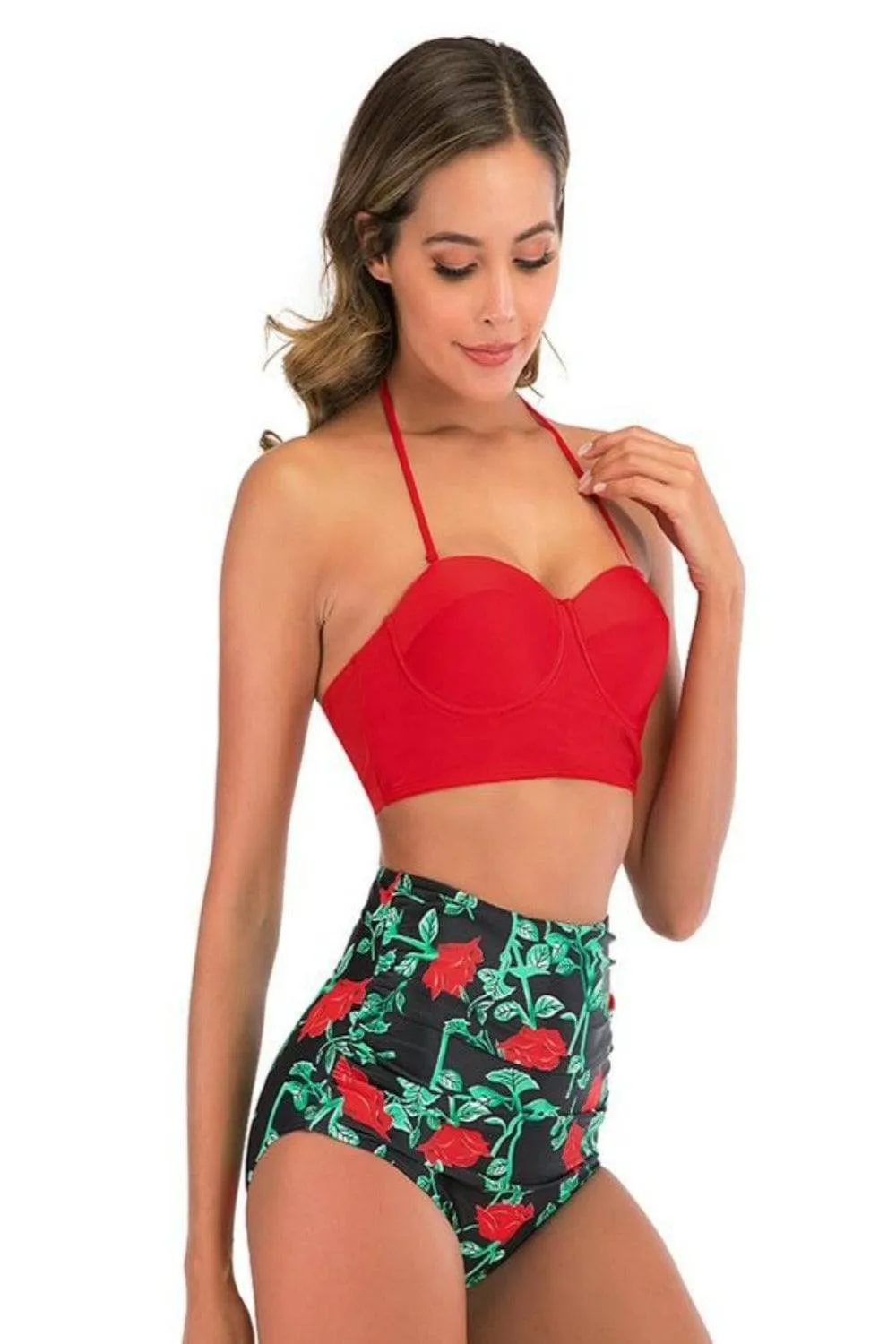 Red Floral Bikini High Waisted Bustier Bra Two-Piece Swimsuit
