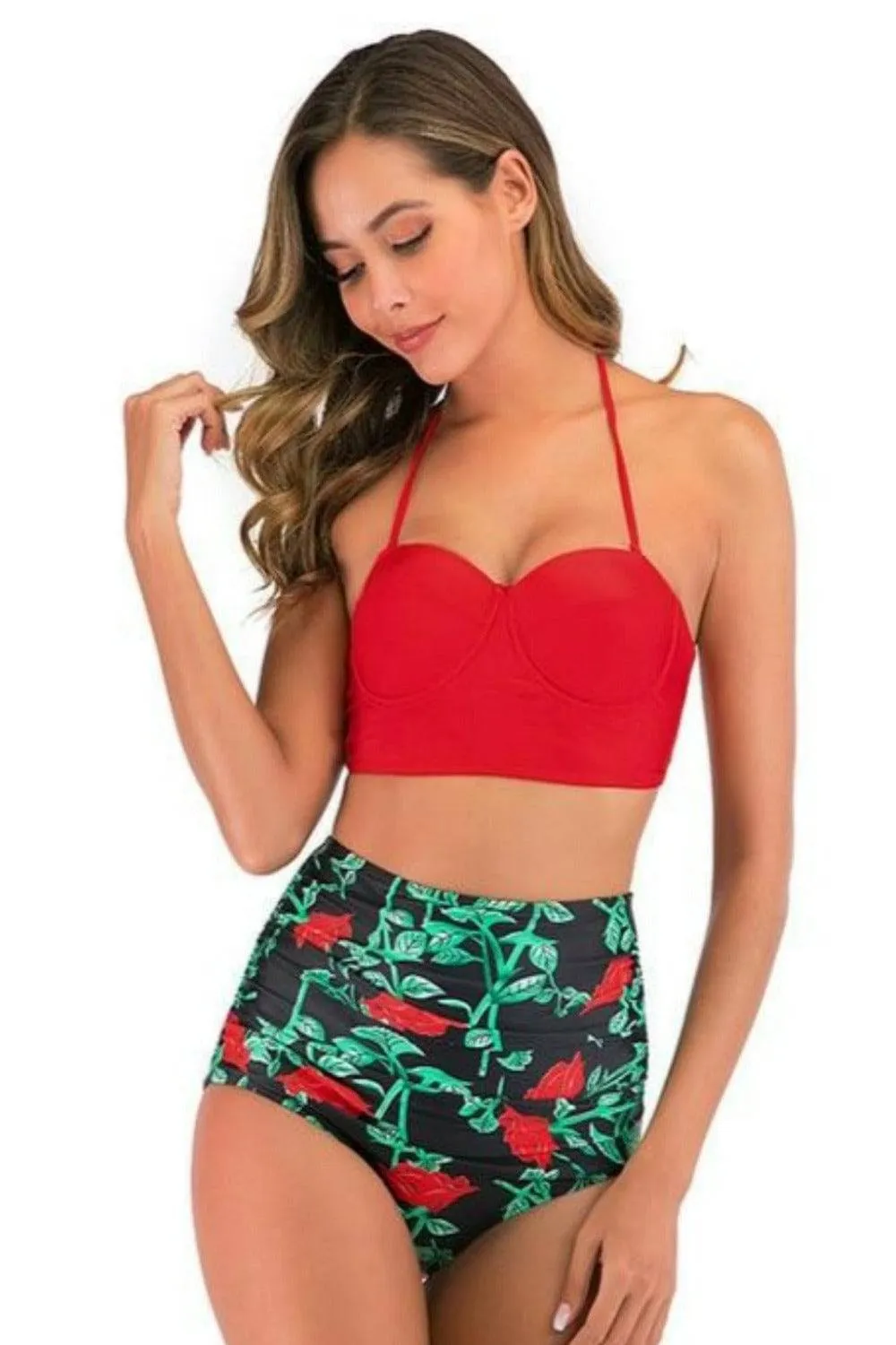 Red Floral Bikini High Waisted Bustier Bra Two-Piece Swimsuit