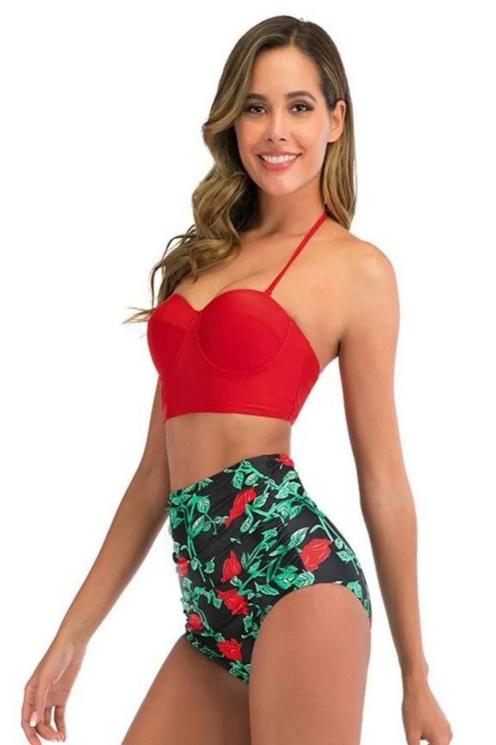 Red Floral Bikini High Waisted Bustier Bra Two-Piece Swimsuit