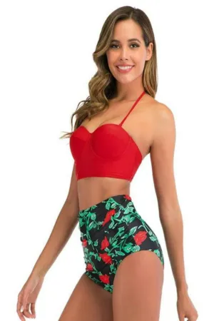 Red Floral Bikini High Waisted Bustier Bra Two-Piece Swimsuit