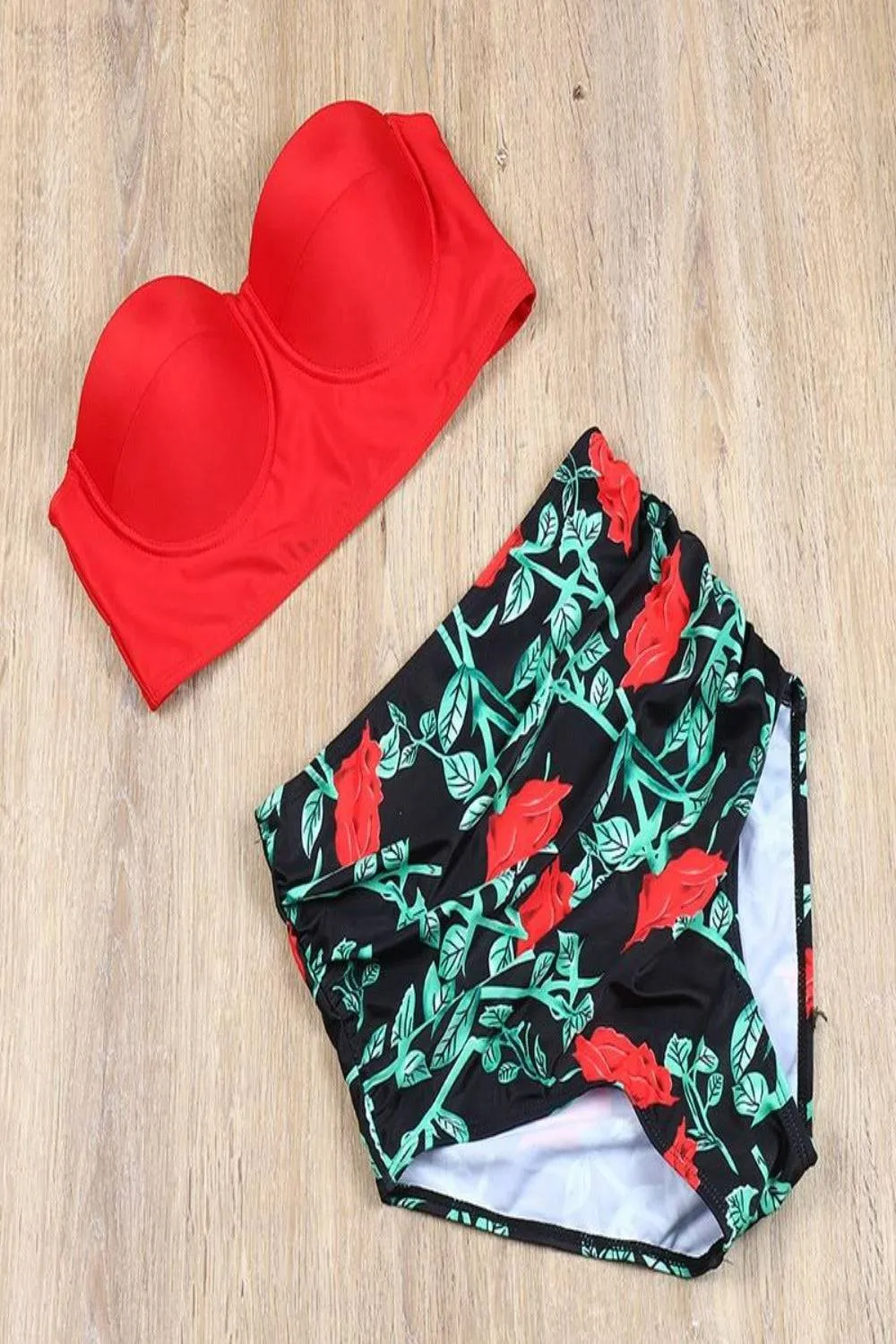 Red Floral Bikini High Waisted Bustier Bra Two-Piece Swimsuit