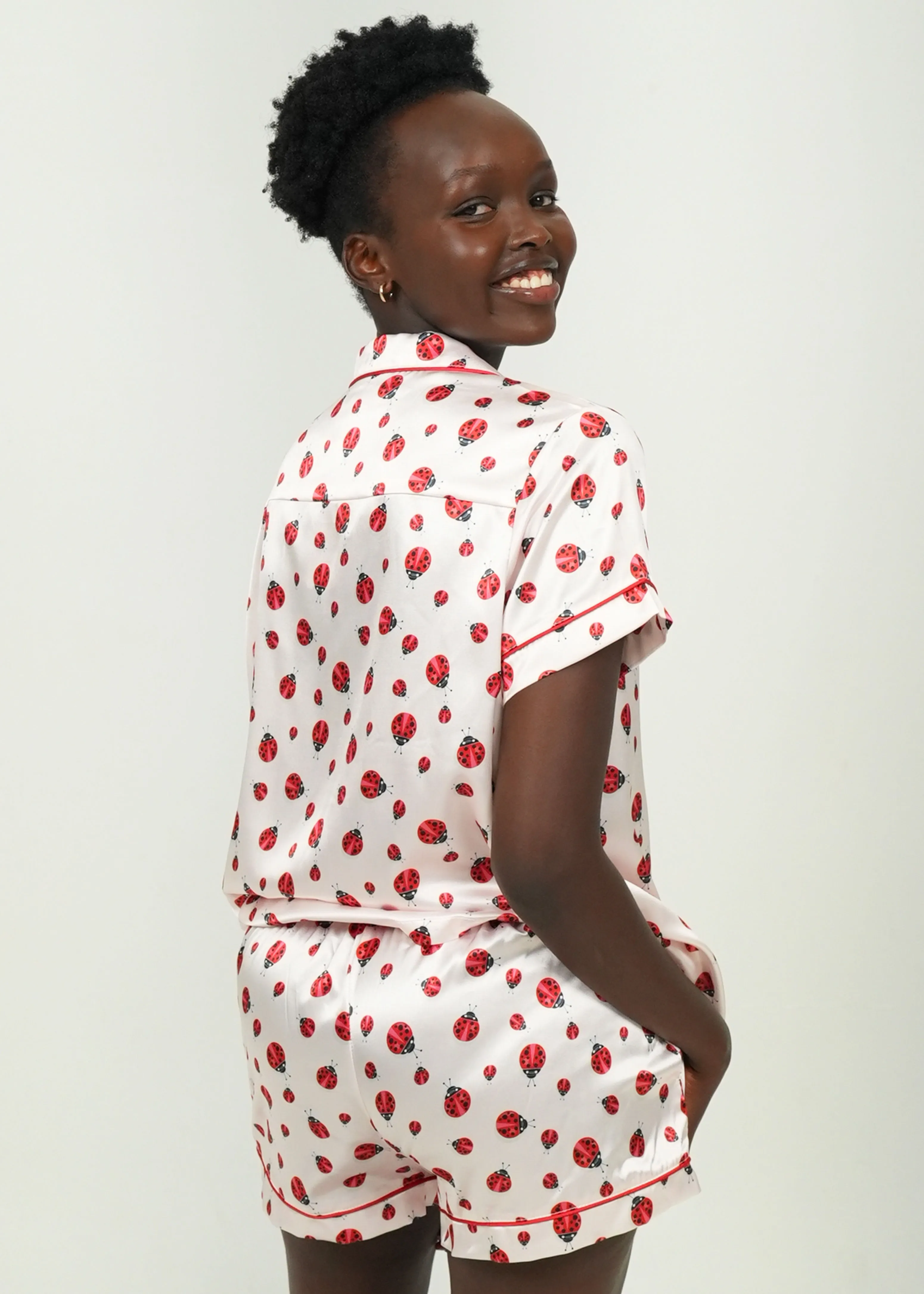 Red Lady Bugs Short Satin PJ Set