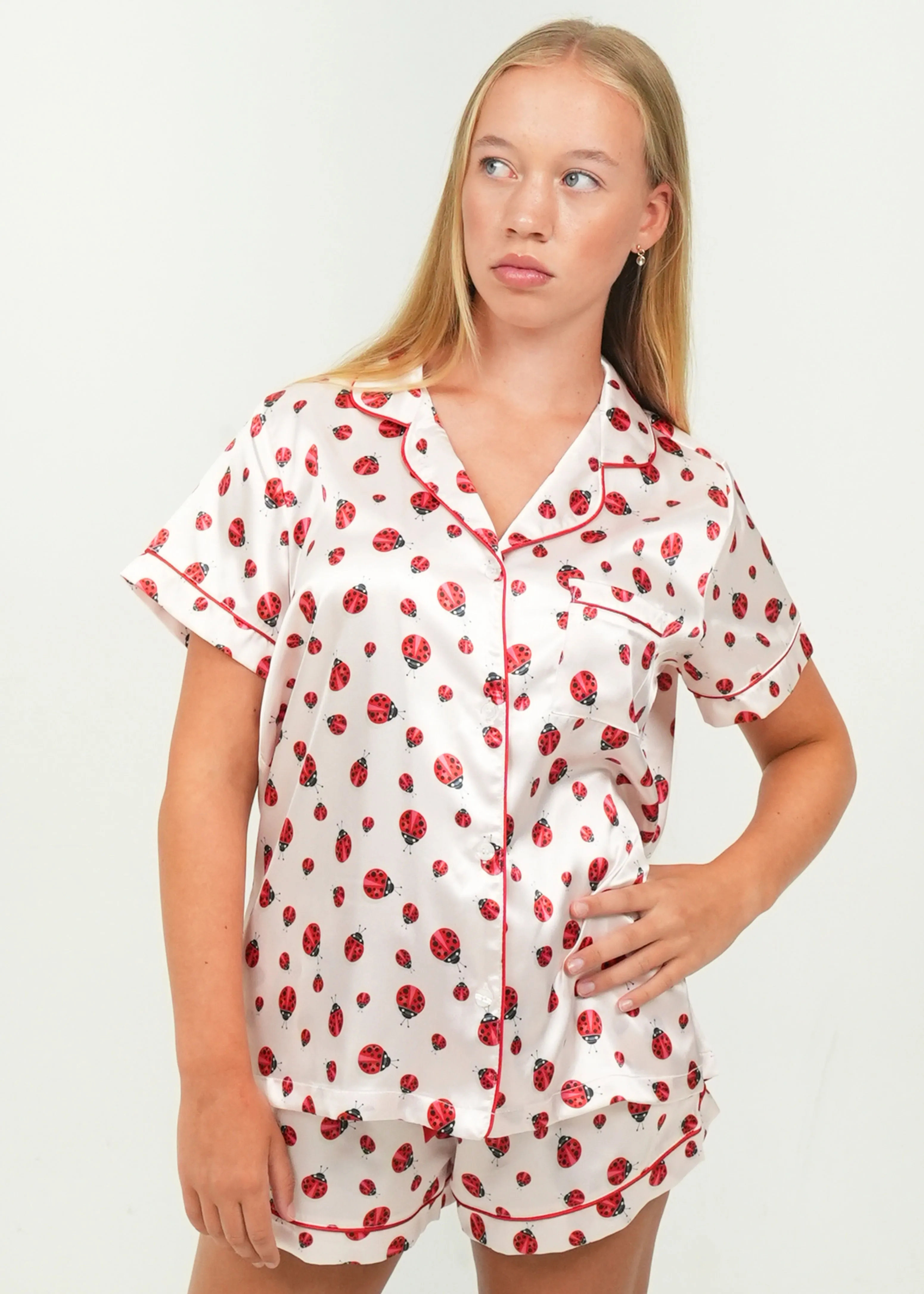 Red Lady Bugs Short Satin PJ Set